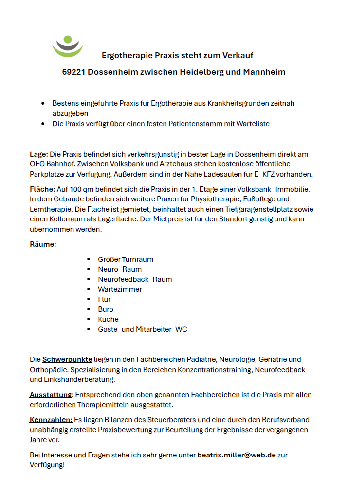 Ergotherapie Praxis steht zum Verkauf - 69221 Dossenheim zwischen Heidelberg und Mannheim