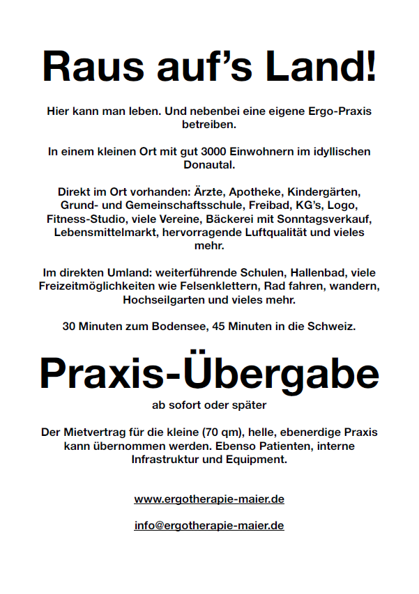 Praxis-Übergabe ab sofort oder später im idyllischen Donautal (30 Minuten zum Bodensee, 45 Minuten in die Schweiz)