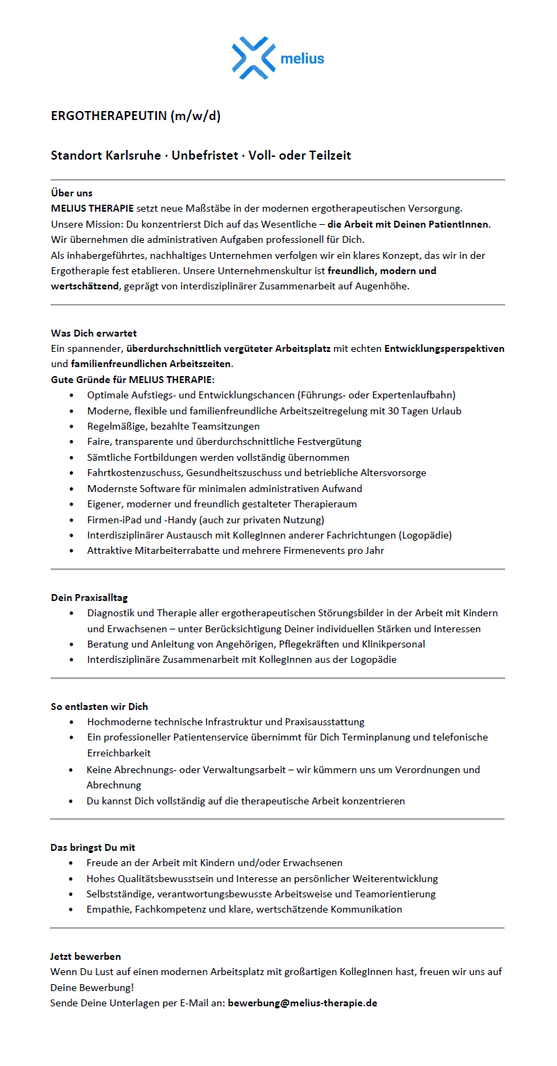Ergotherapeutin (m/w/d) unbefristet, in Voll- oder Teilzeit (m/w/d) - MELIUS THERAPIE Karlsruhe