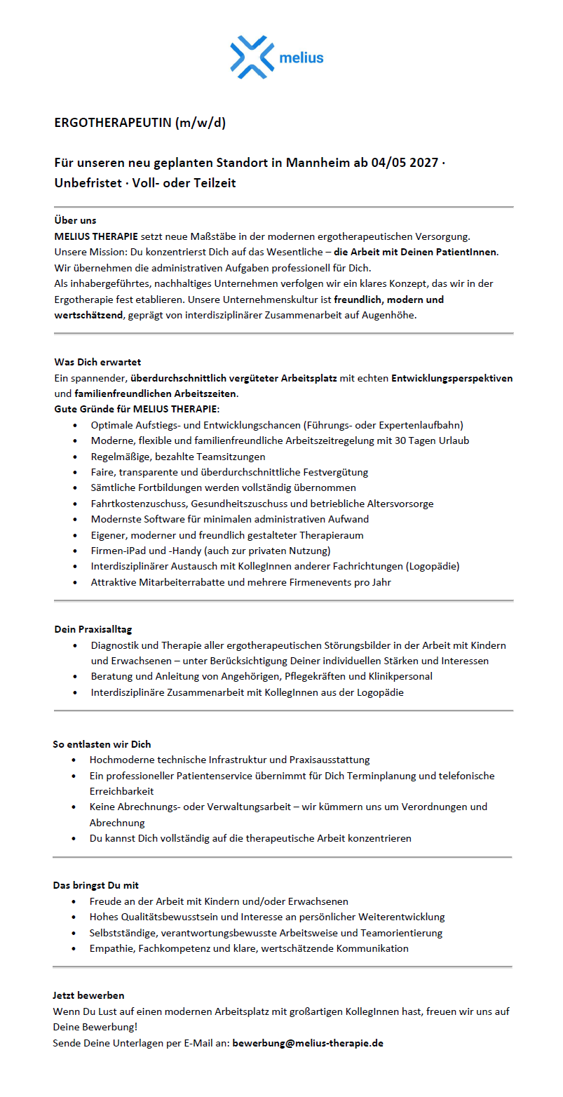 Ergotherapeutin (m/w/d) unbefristet, in Voll- oder Teilzeit (m/w/d) - MELIUS THERAPIE Mannheim