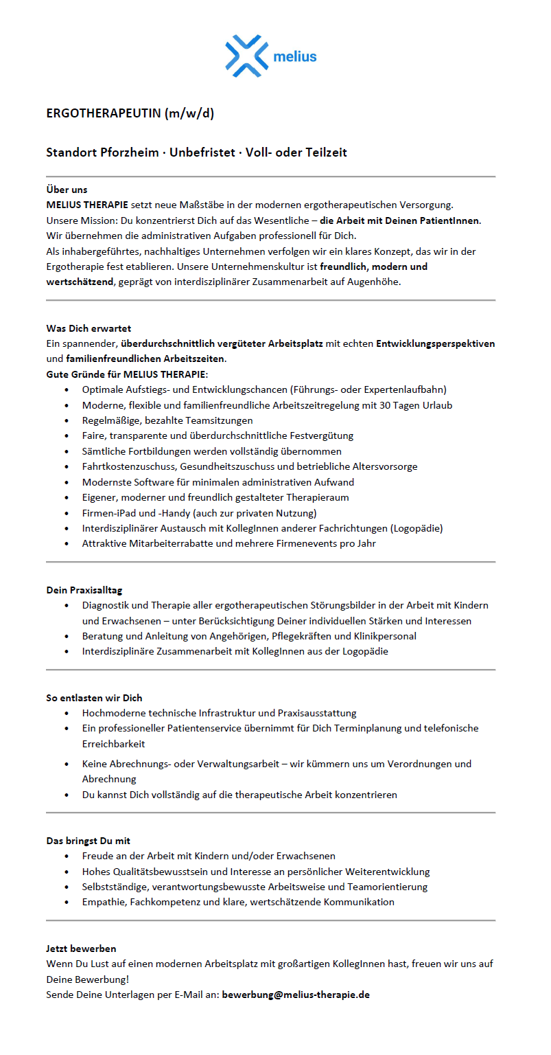 Ergotherapeutin (m/w/d) unbefristet, in Voll- oder Teilzeit (m/w/d) - MELIUS THERAPIE Pforzheim