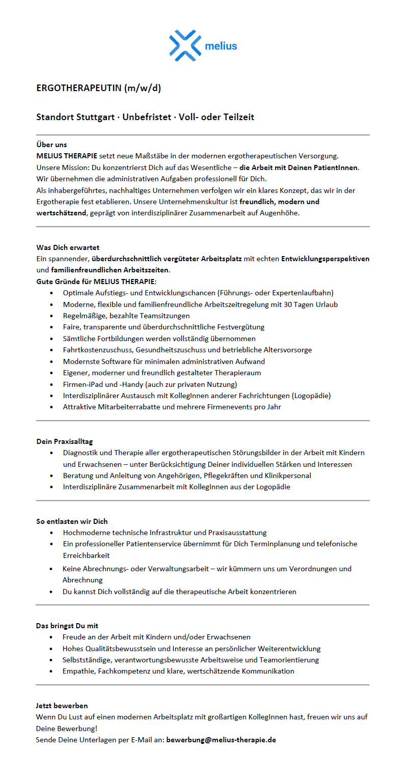 Ergotherapeutin (m/w/d) unbefristet, in Voll- oder Teilzeit (m/w/d) - MELIUS THERAPIE Stuttgart