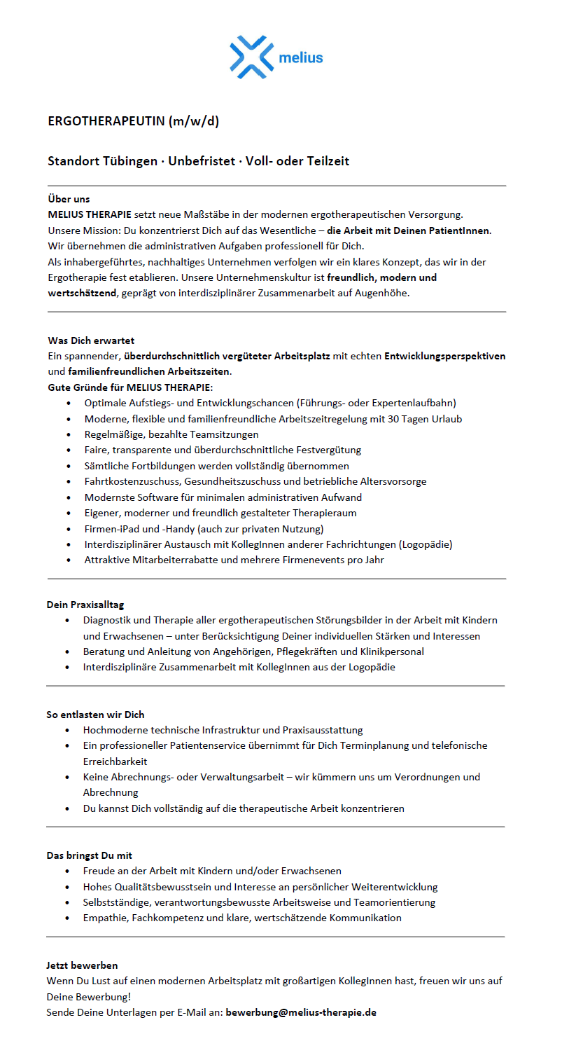 Ergotherapeutin (m/w/d) unbefristet, in Voll- oder Teilzeit (m/w/d) - MELIUS THERAPIE T&uuml;bingen