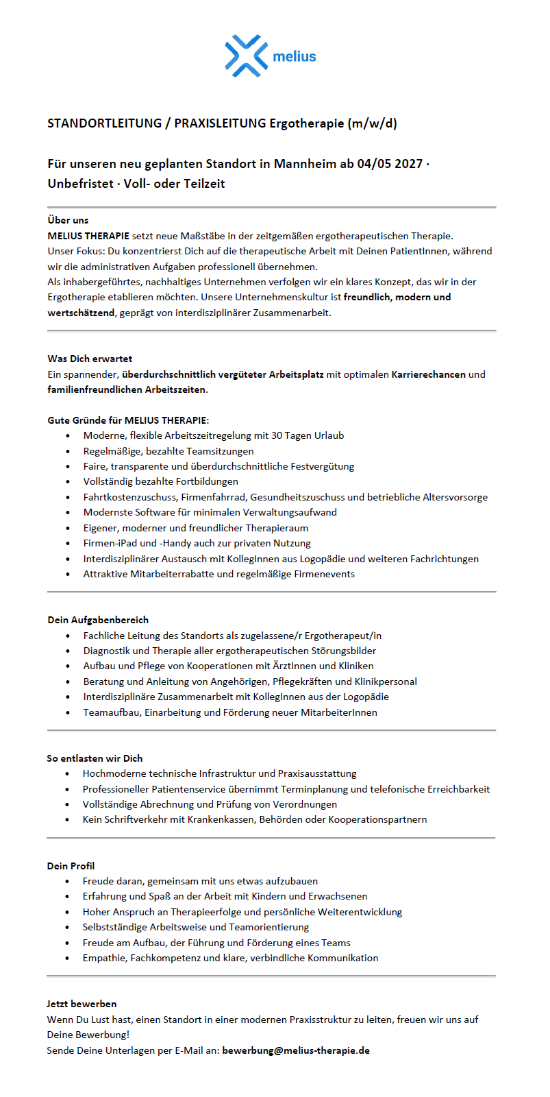 STANDORTLEITUNG / PRAXISLEITUNG Ergotherapie (m/w/d) unbefristet, in Voll- oder Teilzeit (m/w/d) ab 04/05 2027 - MELIUS THERAPIE Mannheim