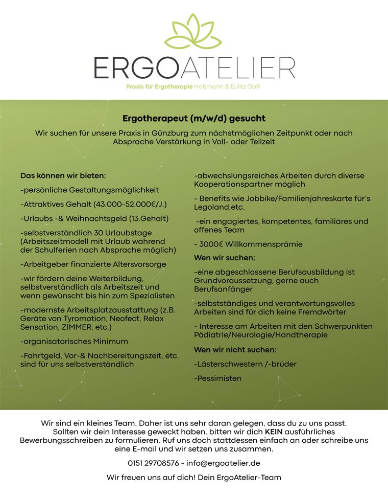Ergotherapeut (m/w/d) gesucht - ErgoAtelier Praxis f&uuml;r Ergotherapie Ha&szlig;mann und Eulitz GbR, 89312 G&uuml;nzburg