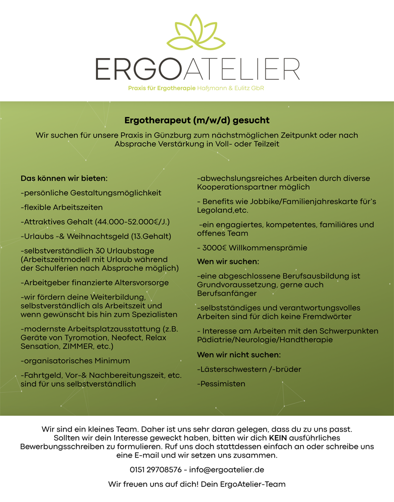 Ergotherapeut (m/w/d) gesucht - Praxis für Ergotherapie Haßmann & Eulitz GbR, 89312 Günzburg