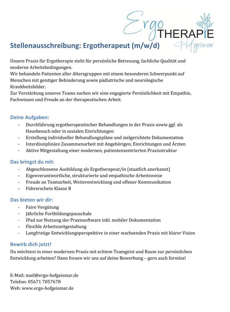 Ergotherapeut (m/w/d), Ergotherapie Hofgeismar, Manfred Minden, 34369 Hofgeismar