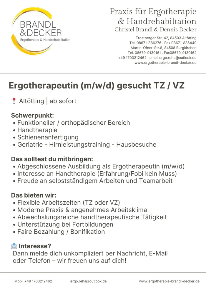Ergotherapeutin (m/w/d) gesucht TZ / VZ - Praxis f&uuml;r Ergotherapie & Handrehabilitation Christel Brandl & Dennis Decker, 84503 Alt&ouml;tting