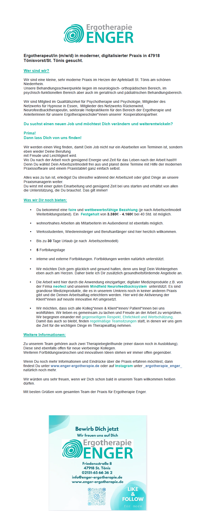 Ergotherapeut/in (m/w/d) in moderner, digitalisierter Praxis in 47918 Tönisvorst/St. Tönis gesucht