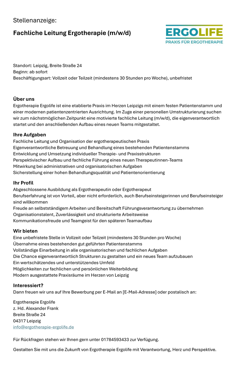 Fachliche Leitung Ergotherapie (m/w/d) - Ergotherapie Ergolife, 04317 Leipzig