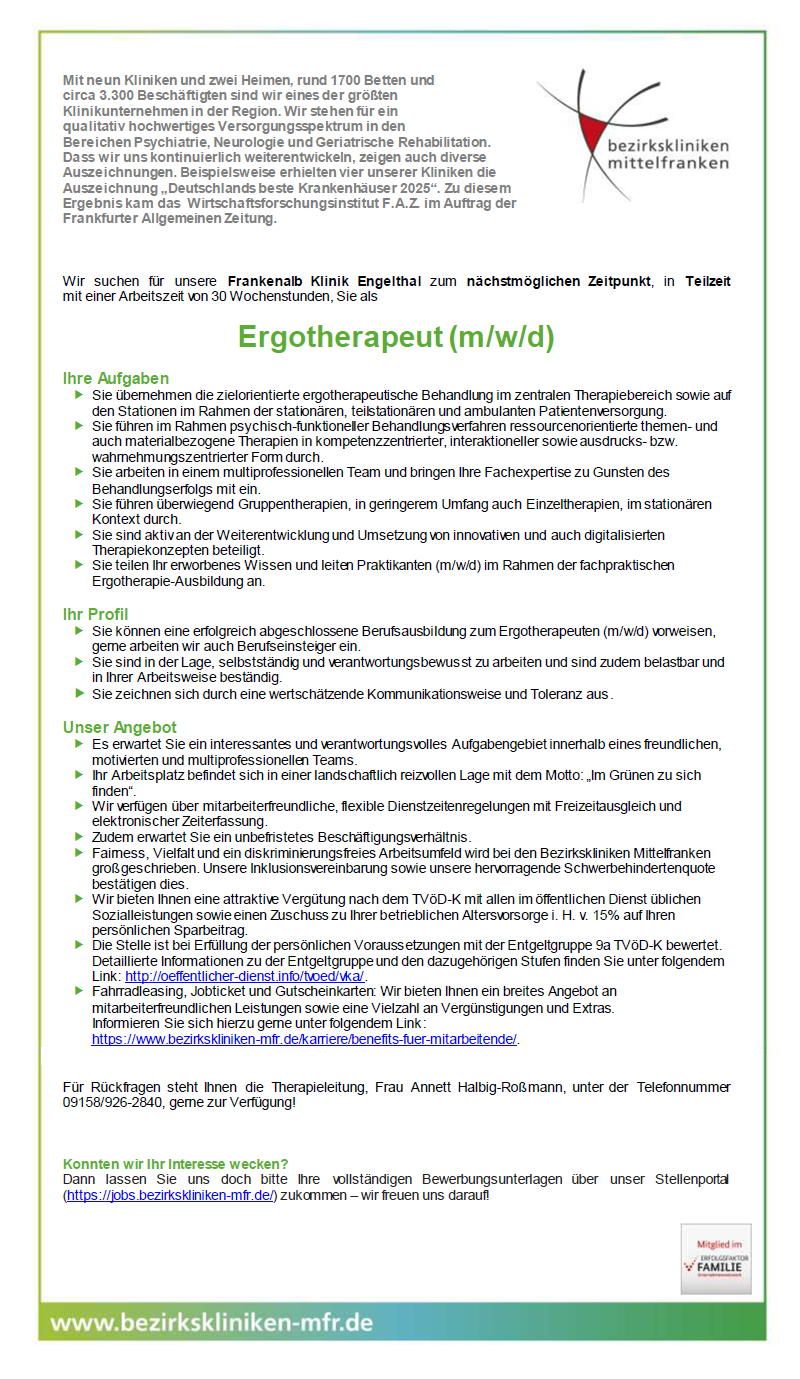 Ergotherapeut (m/w/d) - Bezirkskliniken Mittelfranken, Frankenalb Klinik Engelthal, 91238 Engelthal