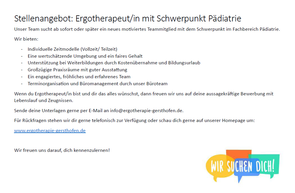 Ergotherapeut/in (m/w/d) mit Schwerpunkt Pädiatrie - Praxis für Ergotherapie und Handrehabilitation Annika Moldenhauer, 86368 Gersthofen