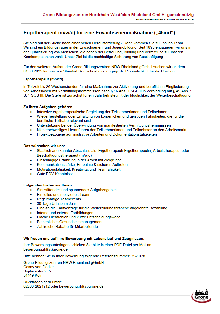 Ergotherapeut (m/w/d) für eine Erwachsenenmaßnahme („45ind“) - Grone Bildungszentren NRW Rheinland gGmbH, Standort Remscheid