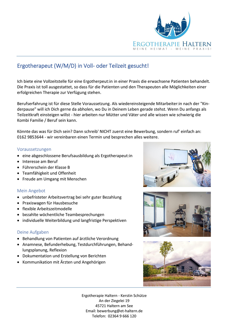 Ergotherapeut:in (w/m/d) – für erwachsene Patienten gesucht – Ergotherapie Haltern (45721)