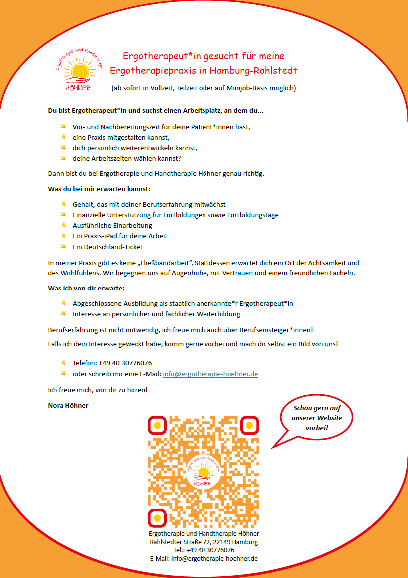 Ergotherapeut*in gesucht f&uuml;r meine Ergotherapiepraxis in Hamburg-Rahlstedt, Ergotherapie und Handtherapie H&ouml;hner