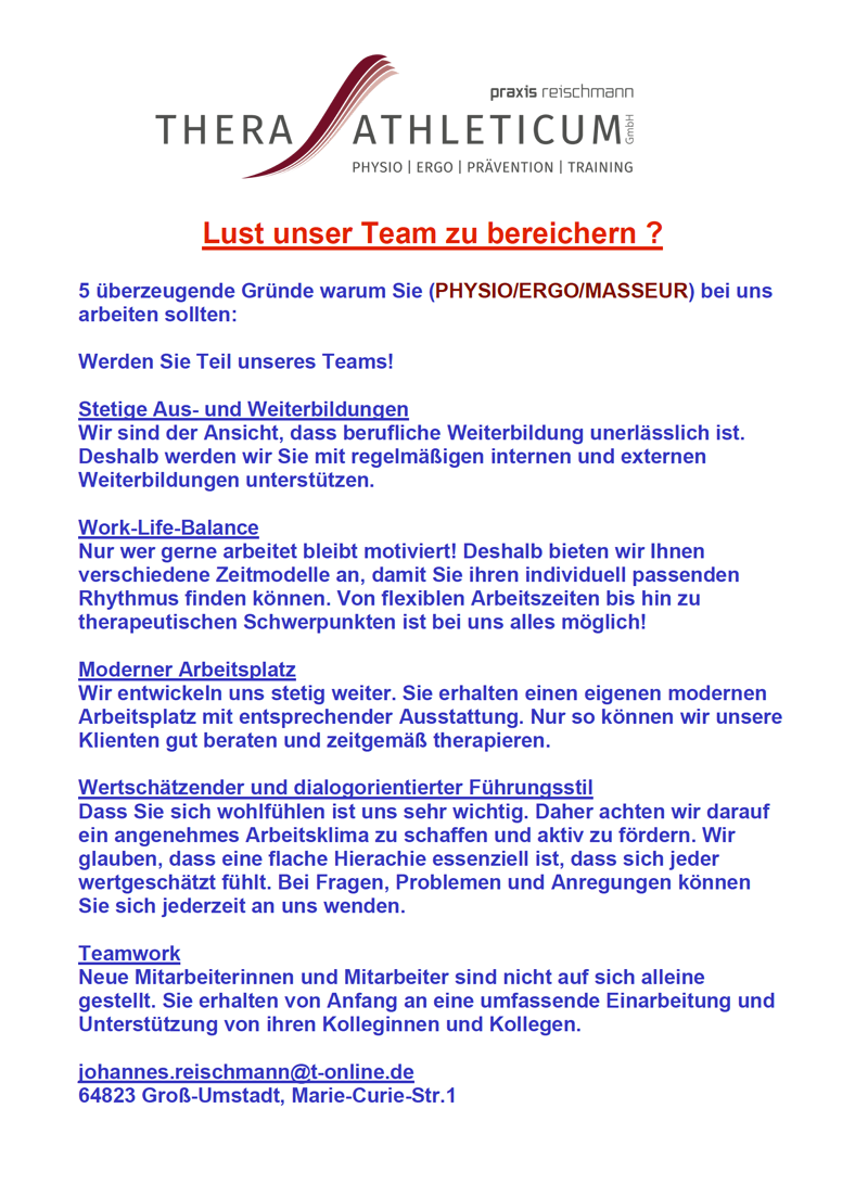Werden Sie Teil unseres Teams! PHYSIO/ERGO/MASSEUR (m/w/d) - Thera-Athleticum GmbH, 64823 Groß-Umstadt