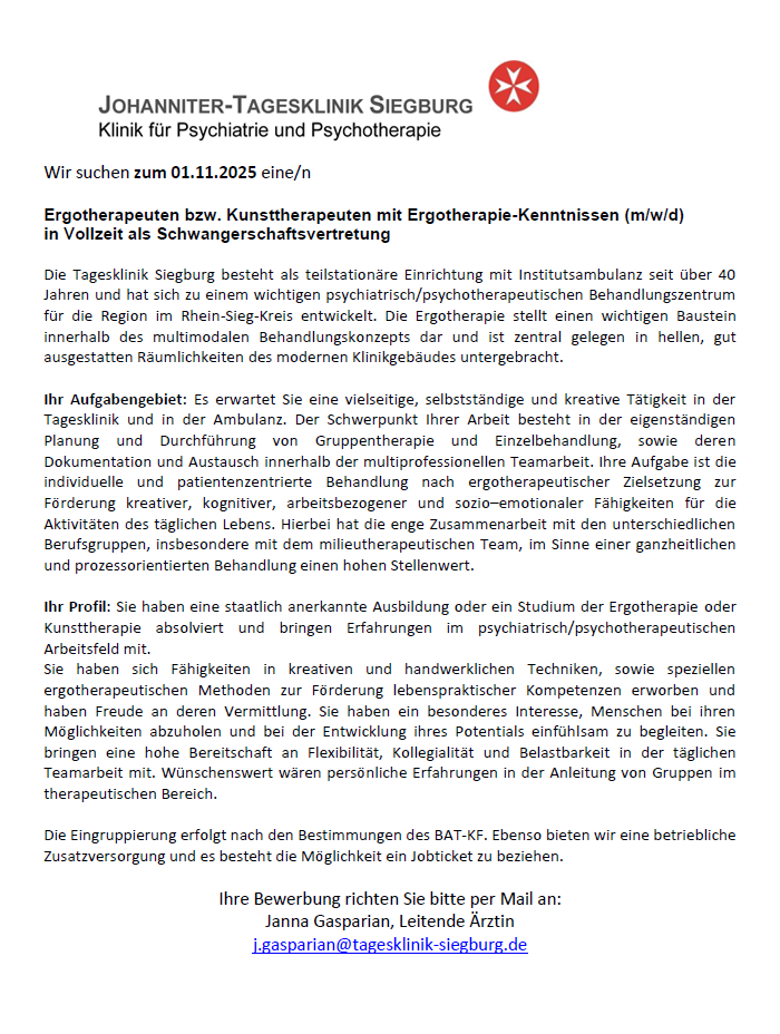 Ergotherapeuten bzw. Kunsttherapeuten mit Ergotherapie-Kenntnissen (m/w/d) in Vollzeit als Schwangerschaftsvertretung, JOHANNITER-TAGESKLINIK SIEGBURG