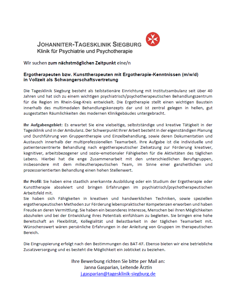 Ergotherapeuten bzw. Kunsttherapeuten mit Ergotherapie-Kenntnissen (m/w/d) in Vollzeit als Schwangerschaftsvertretung, JOHANNITER-TAGESKLINIK SIEGBURG