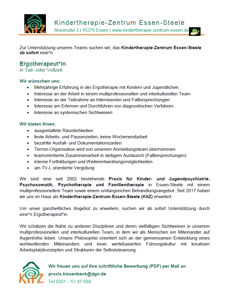 Ergotherapeut*in in Teil- oder Vollzeit, Kinder therapie-Zent rum Essen-Steele