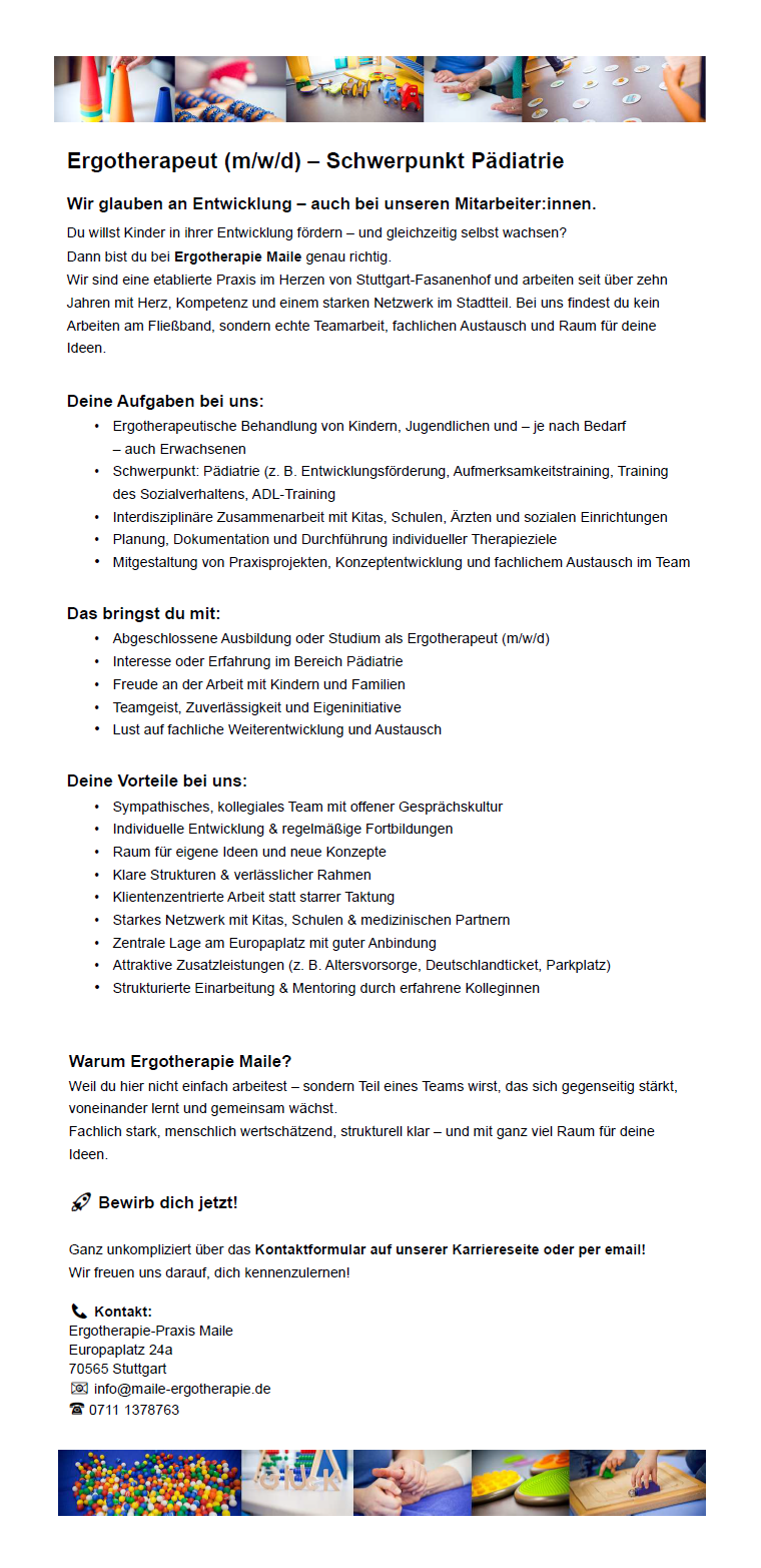 Ergotherapeut (m/w/d) – Schwerpunkt Pädiatrie - Ergotherapie-Praxis Maile, 70565 Stuttgart