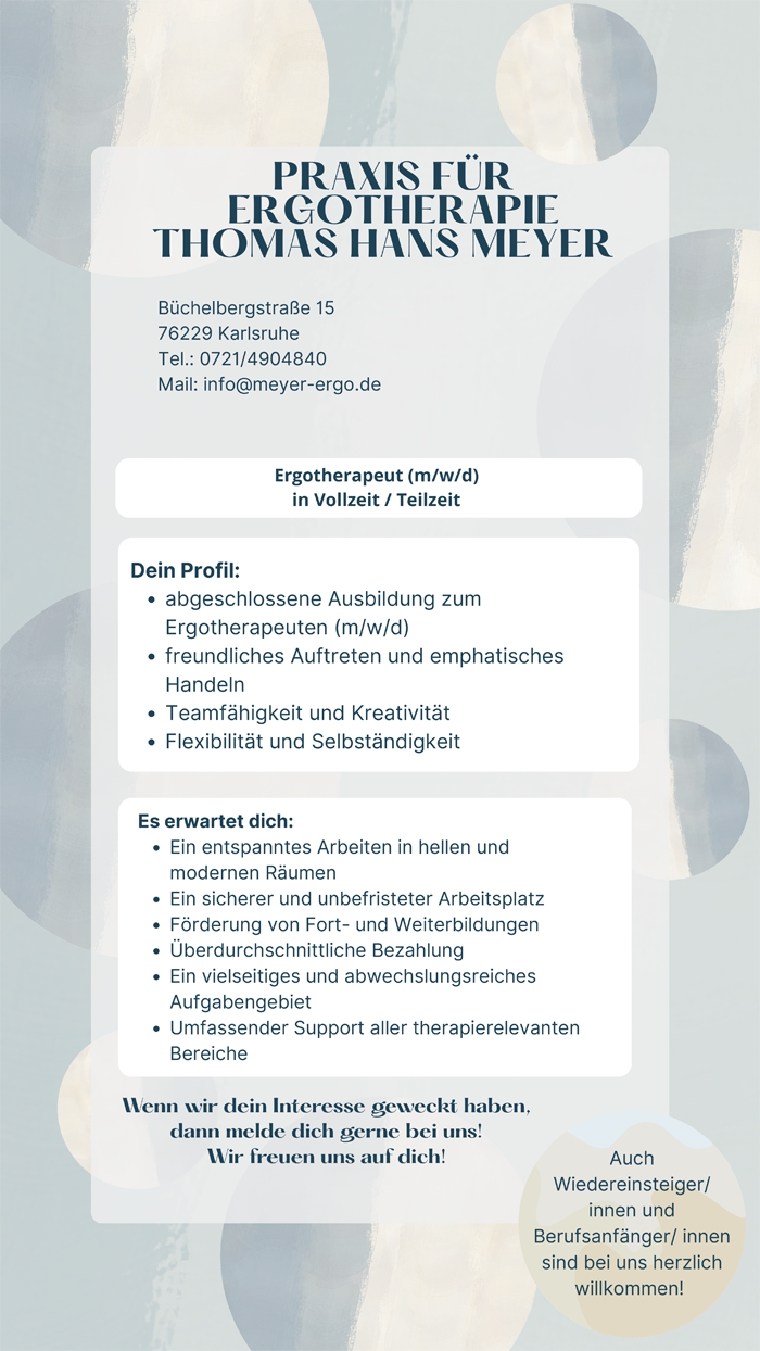 Ergotherapeut (m/w/d) in Vollzeit / Teilzeit - Praxis f&uuml;r Ergotherapie Thomas Hans Meyer, 76229 Karlsruhe