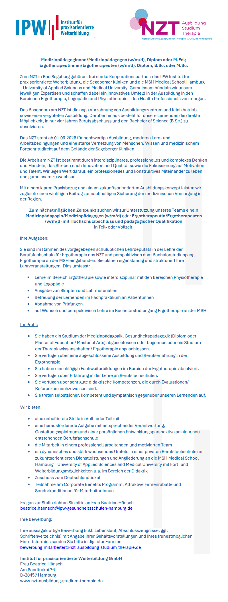 Medizinp&auml;dagoginnen/Medizinp&auml;dagogen (w/m/d), Diplom oder M.Ed.; Ergotherapeutinnen/Ergotherapeuten (w/m/d), Diplom, B.Sc. oder M.Sc. - NZT in Bad Segeberg