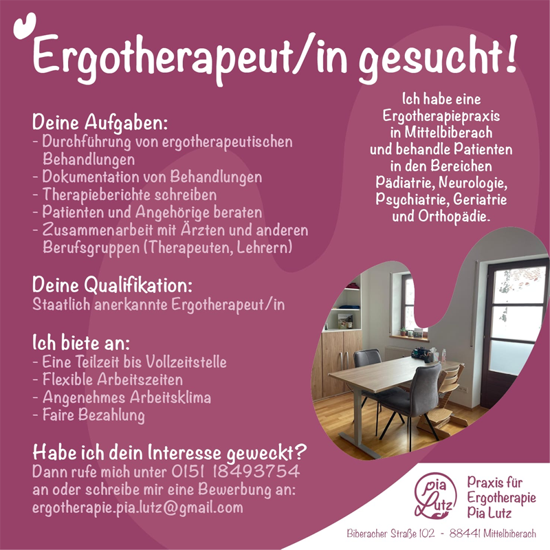 Ergotherapeut/in (w/m/d) gesucht! - Praxis f&uuml;r Ergotherapie Pia Lutz, 88441 Mittelbiberach