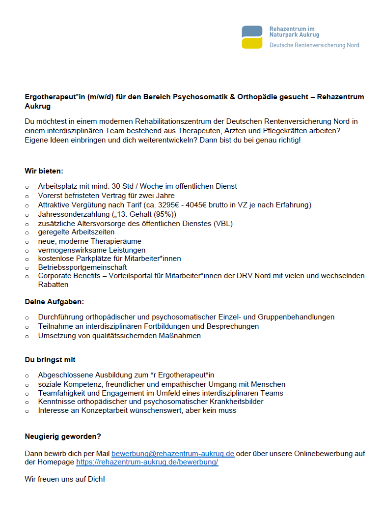 Ergotherapeut*in (m/w/d) f&uuml;r den Bereich Psychosomatik & Orthop&auml;die gesucht &ndash; Rehazentrum Aukrug