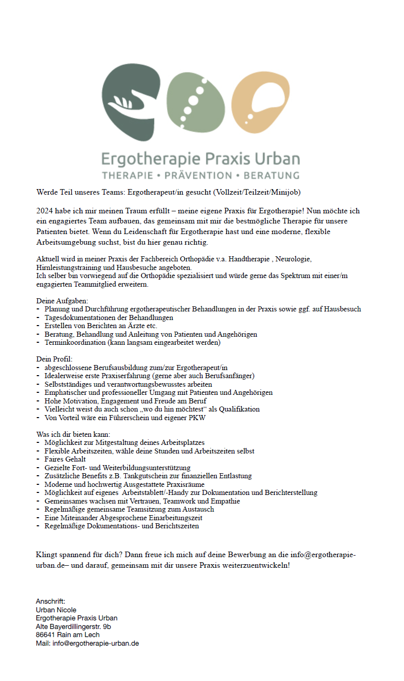 Ergotherapeut/in gesucht (Vollzeit/Teilzeit/Minijob), Ergotherapie Praxis Urban, 86641 Rain am Lech