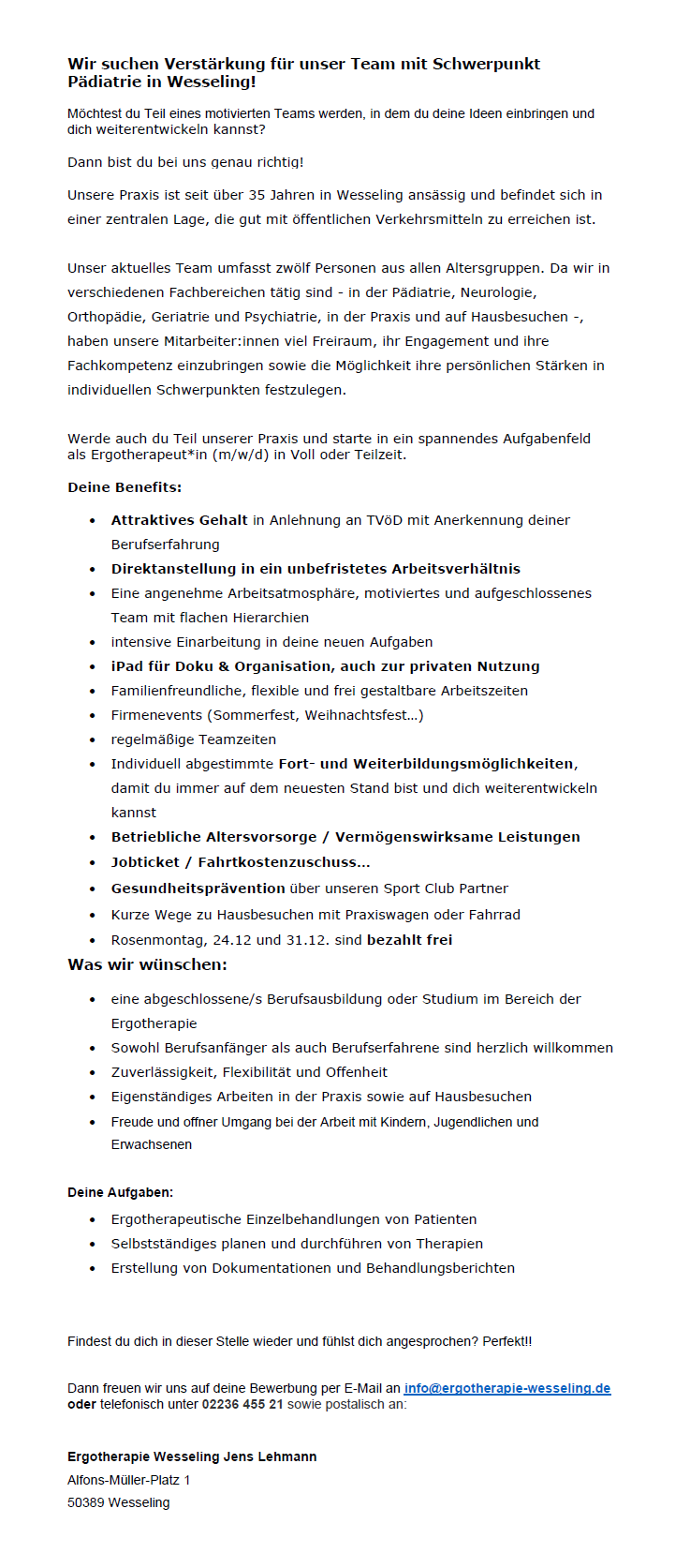 Ergotherapeut*in (m/w/d) in Voll oder Teilzeit - Ergotherapie Wesseling Jens Lehmann, 50389 Wesseling