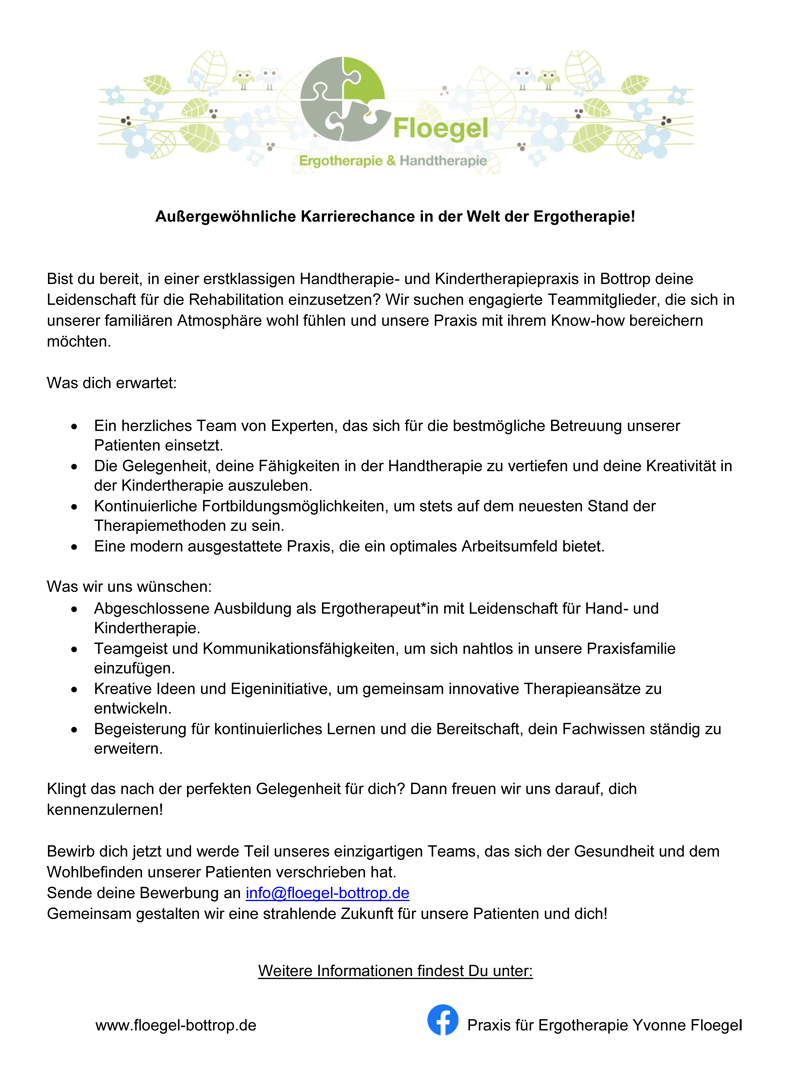 Außergewöhnliche Karrierechance in der Welt der Ergotherapie! - Praxis für Ergotherapie Yvonne Floegel, 46238 Bottrop