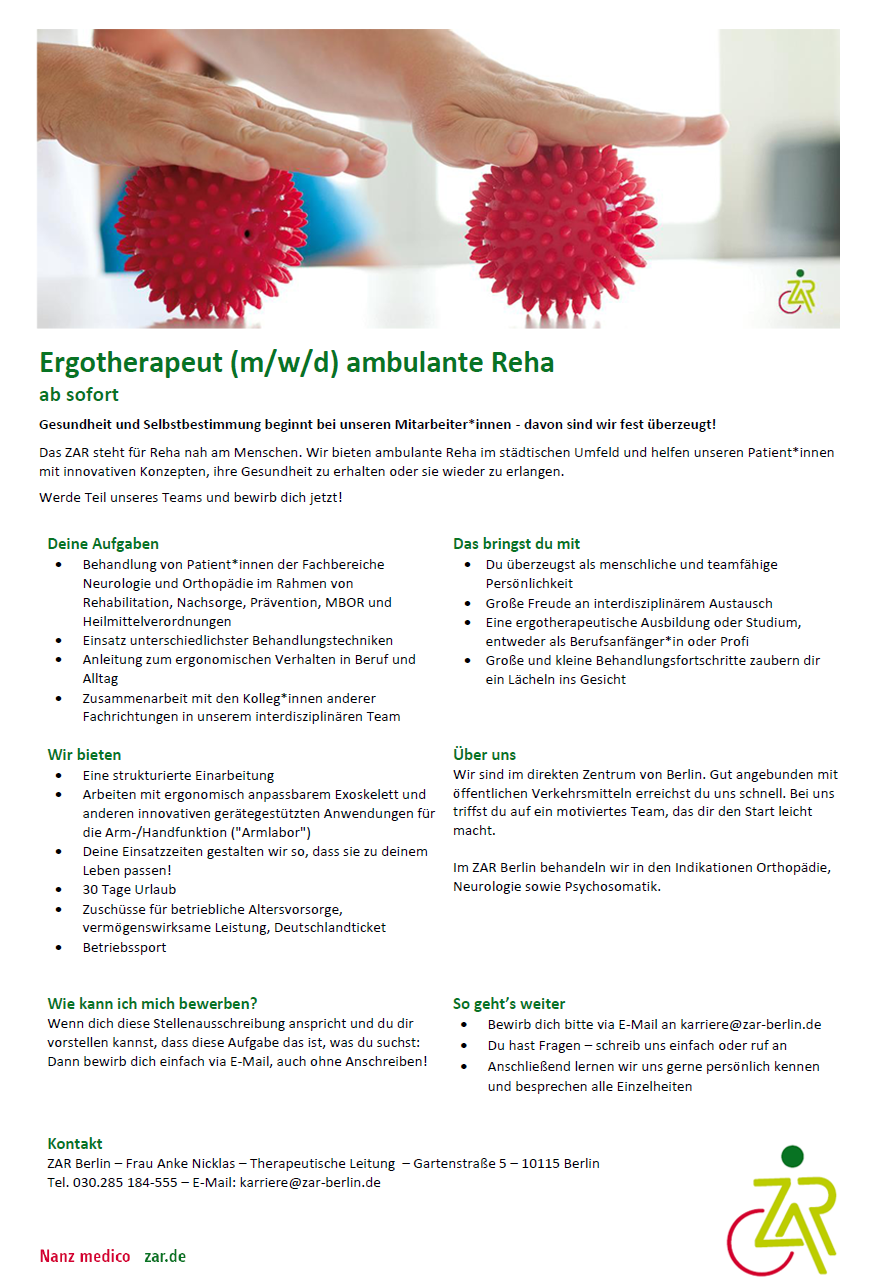 Ergotherapeut (m/w/d) ambulante Reha - ZAR Zentrum für ambulante  Rehabilitation Berlin