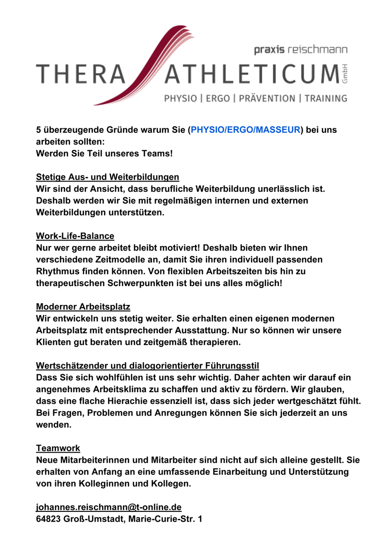 5 überzeugende Gründe warum Sie (PHYSIO/ERGO/MASSEUR) bei uns arbeiten sollten: Werden Sie Teil unseres Teams! - 	Thera-Athleticum, 64823 Groß-Umstadt