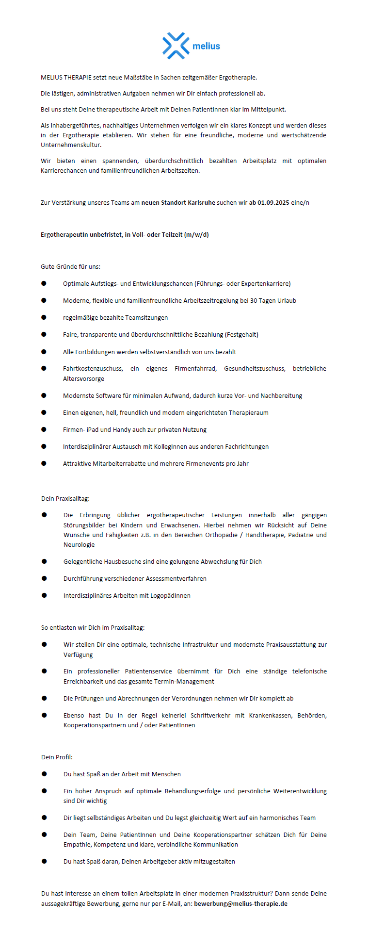 ErgotherapeutIn unbefristet, in Voll- oder Teilzeit (m/w/d) - MELIUS THERAPIE Karlsruhe