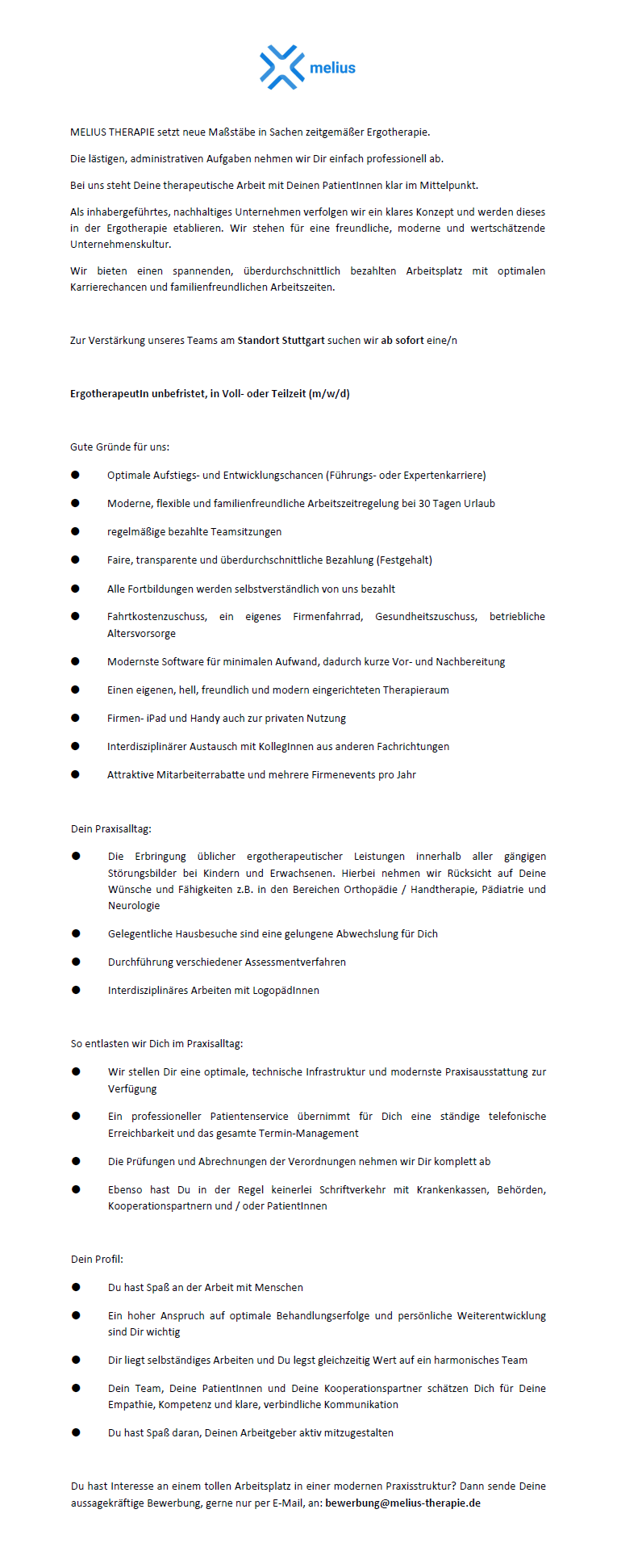 ErgotherapeutIn unbefristet, in Voll- oder Teilzeit (m/w/d) - MELIUS THERAPIE Stuttgart
