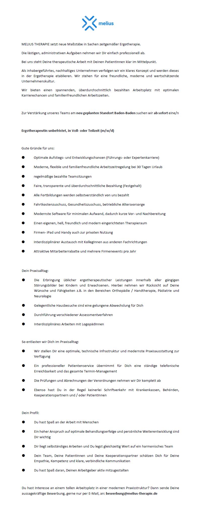 ErgotherapeutIn unbefristet, in Voll- oder Teilzeit (m/w/d) - MELIUS THERAPIE Baden-Baden