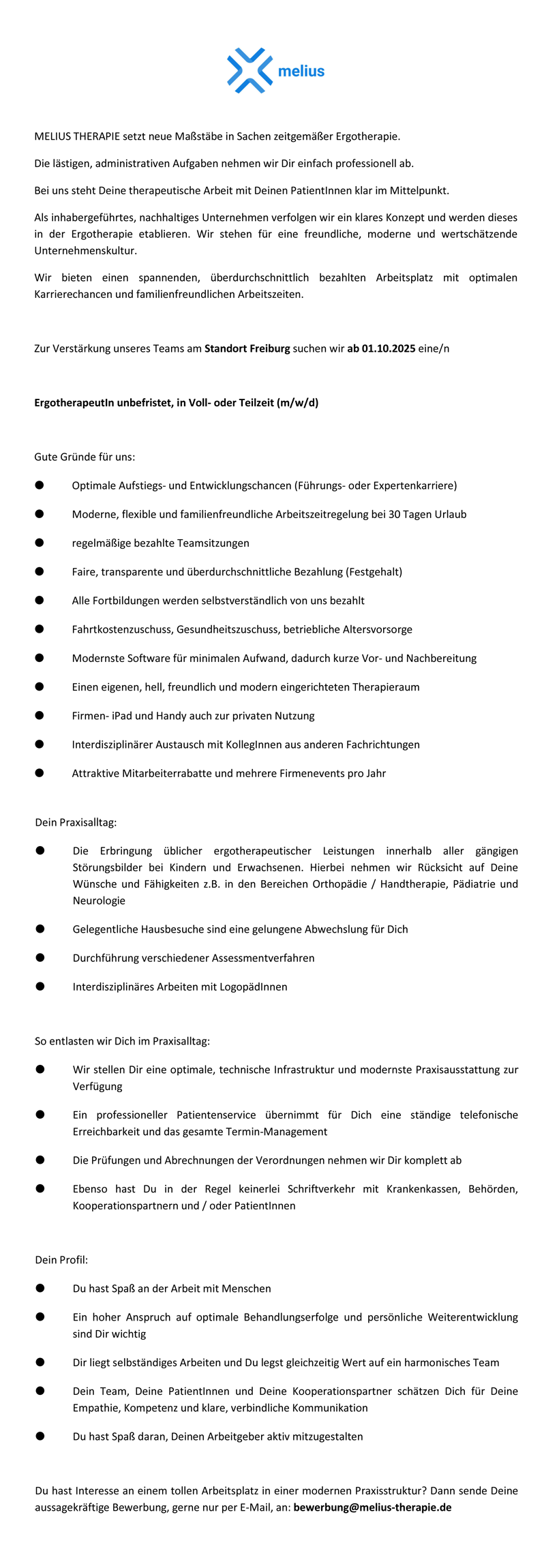 ErgotherapeutIn unbefristet, in Voll- oder Teilzeit (m/w/d) - MELIUS THERAPIE Freiburg