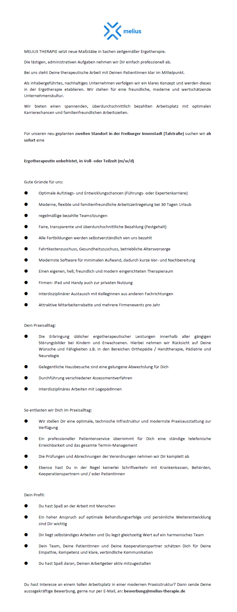 ErgotherapeutIn unbefristet, in Voll- oder Teilzeit (m/w/d) - MELIUS THERAPIE Freiburger Innenstadt (Talstraße)