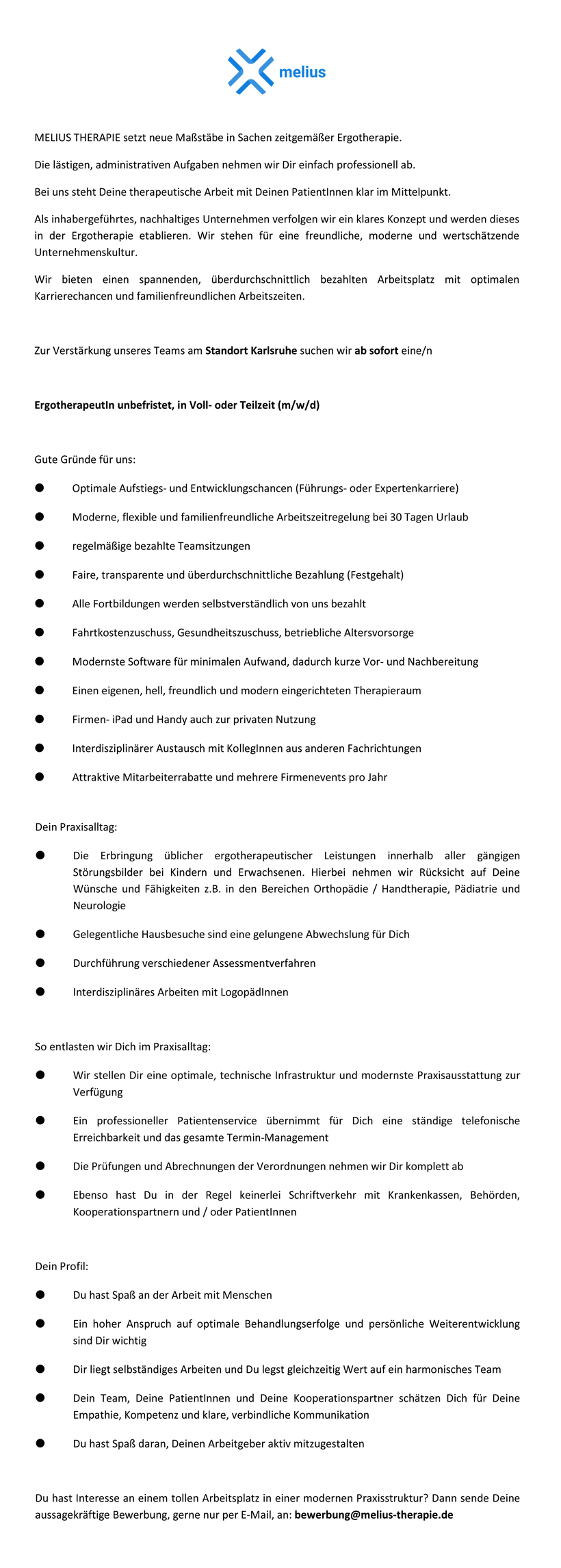 ErgotherapeutIn unbefristet, in Voll- oder Teilzeit (m/w/d) - MELIUS THERAPIE Karlsruhe