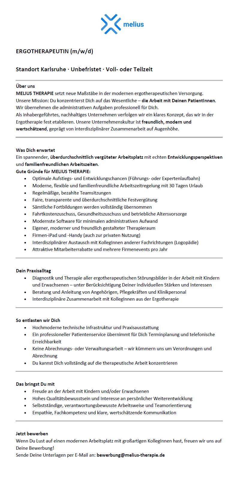 Ergotherapeutin (m/w/d) unbefristet, in Voll- oder Teilzeit (m/w/d) - MELIUS THERAPIE Karlsruhe