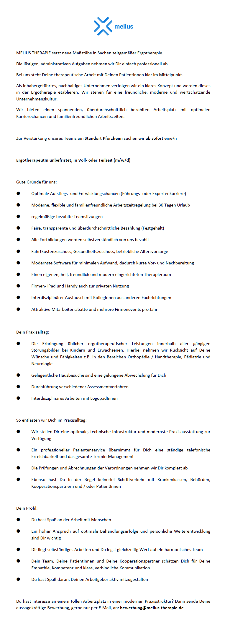 ErgotherapeutIn unbefristet, in Voll- oder Teilzeit (m/w/d) - MELIUS THERAPIE Pforzheim