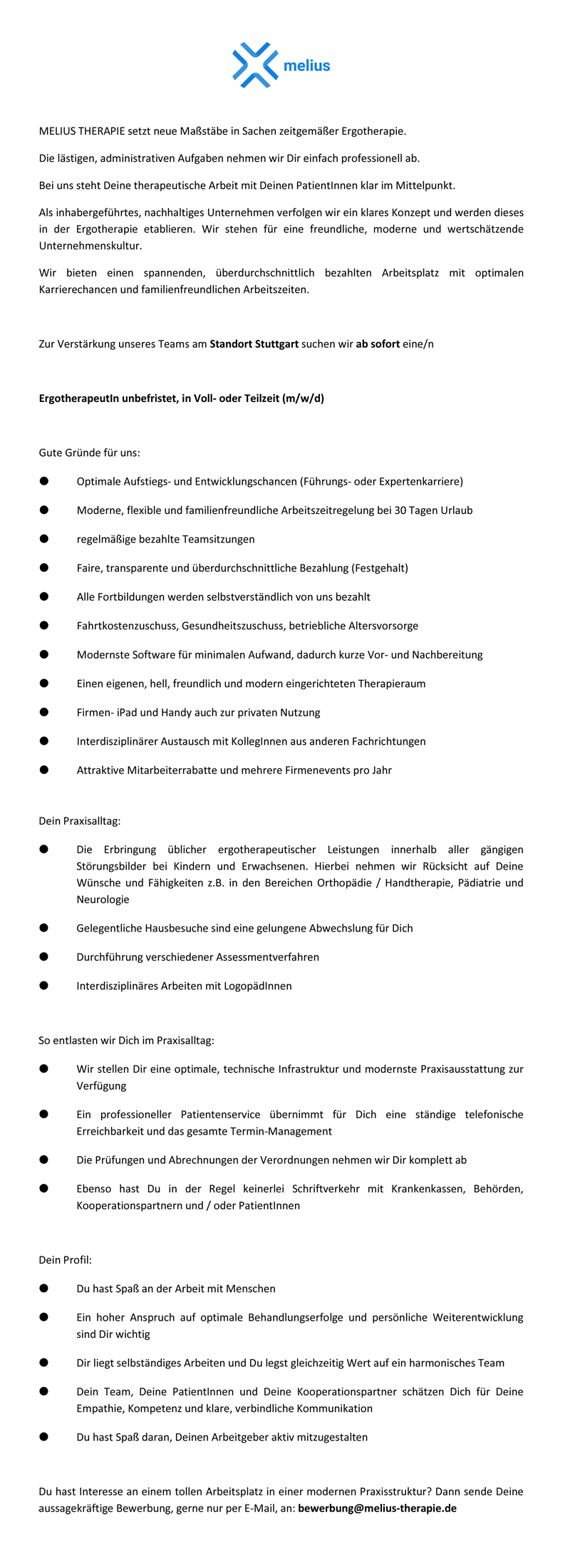 ErgotherapeutIn unbefristet, in Voll- oder Teilzeit (m/w/d) - MELIUS THERAPIE Stuttgart