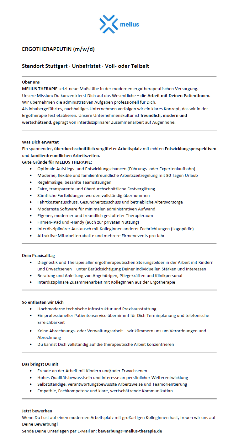 Ergotherapeutin (m/w/d), unbefristet, in Voll- oder Teilzeit - MELIUS THERAPIE Stuttgart