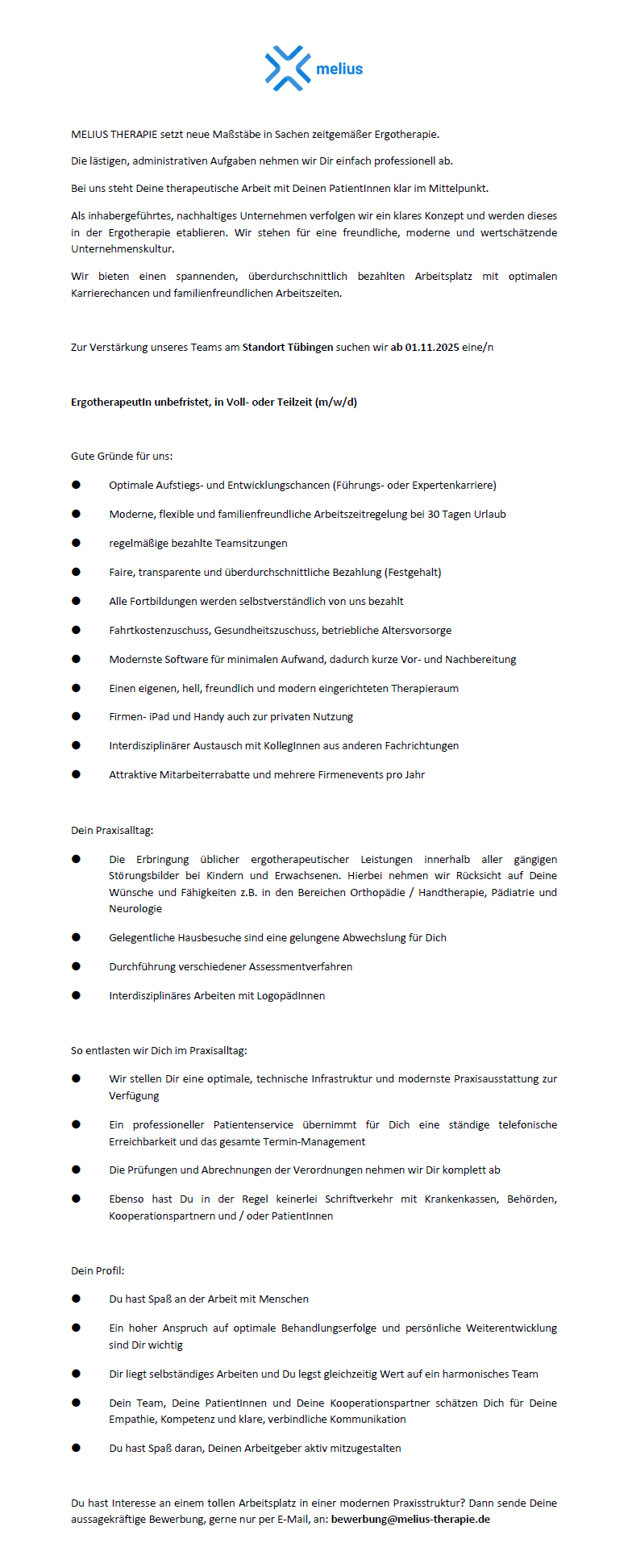 ErgotherapeutIn unbefristet, in Voll- oder Teilzeit (m/w/d) - MELIUS THERAPIE Tübingen