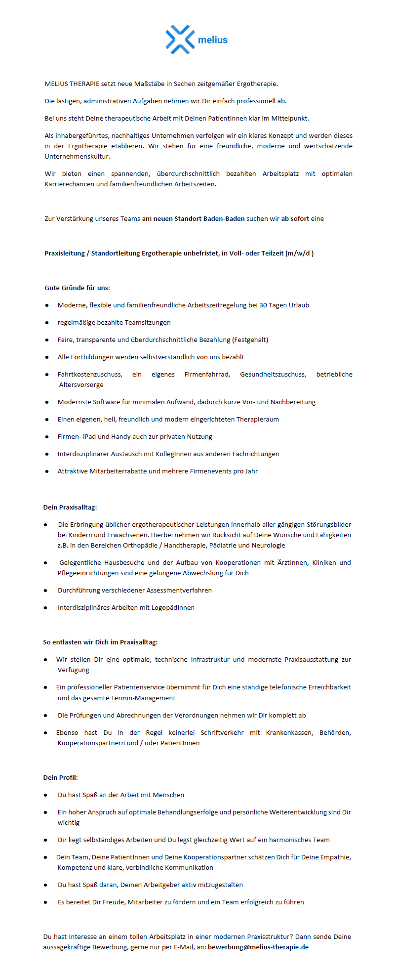Praxisleitung / Standortleitung Ergotherapie unbefristet, in Voll- oder Teilzeit (m/w/d) - MELIUS THERAPIE Baden-Baden