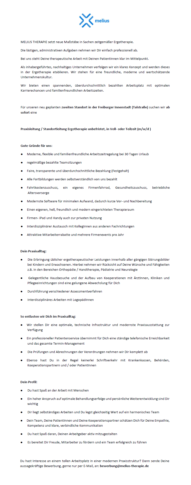 Praxisleitung / Standortleitung Ergotherapie unbefristet, in Voll- oder Teilzeit (m/w/d) - MELIUS THERAPIE Freiburger Innenstadt (Talstraße)