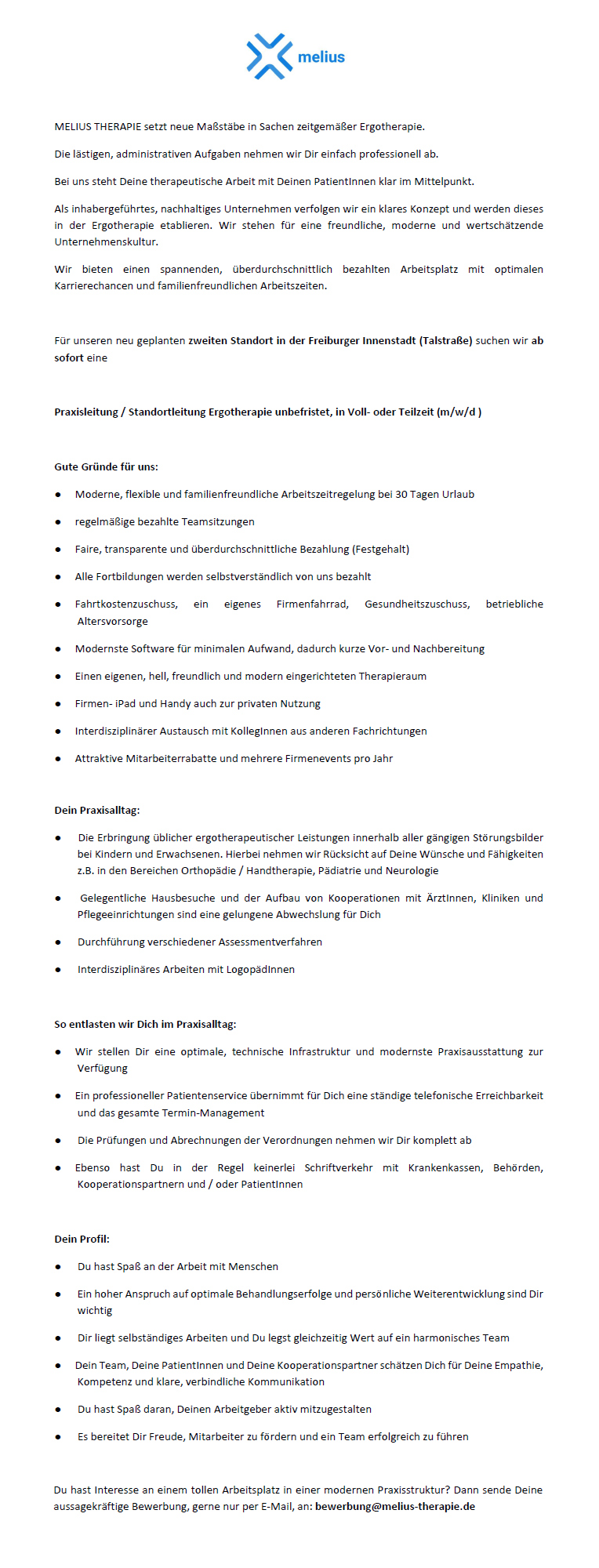 Praxisleitung / Standortleitung Ergotherapie unbefristet, in Voll- oder Teilzeit (m/w/d) - MELIUS THERAPIE Freiburger Innenstadt (Talstraße)