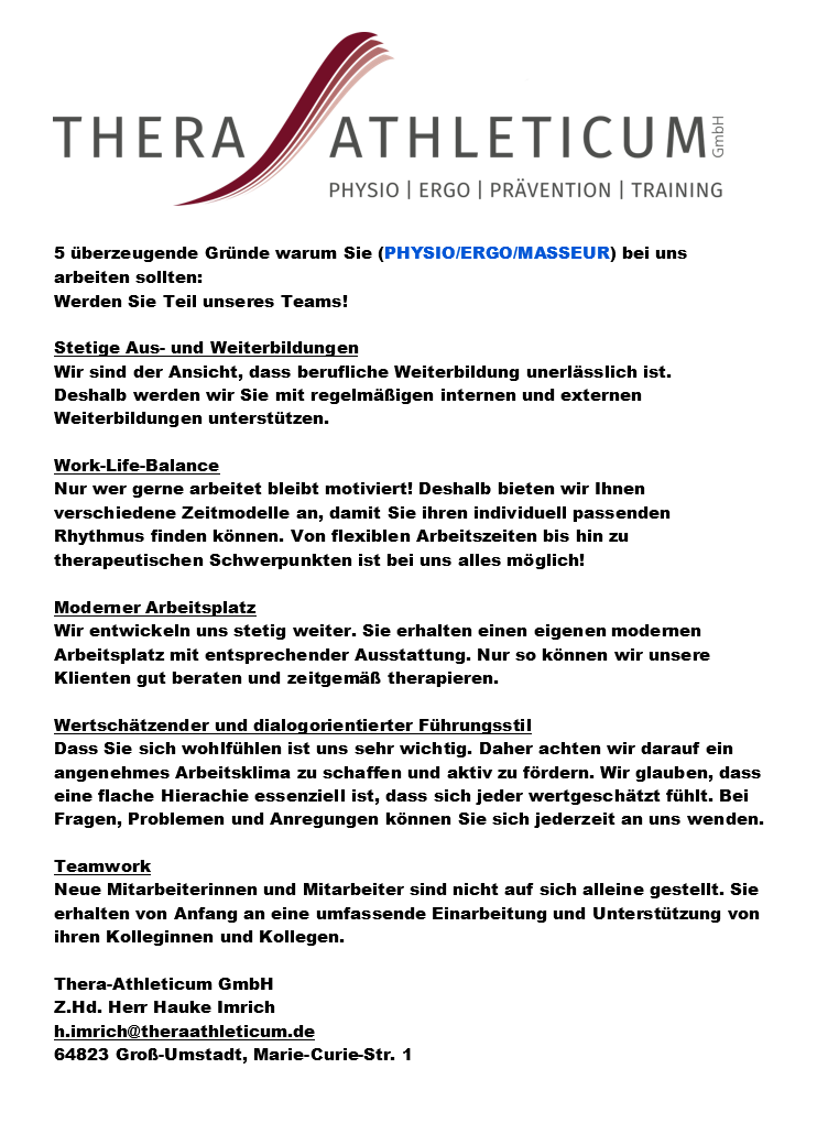 5 überzeugende Gründe warum Sie (PHYSIO/ERGO/MASSEUR) bei uns arbeiten sollten: Werden Sie Teil unseres Teams! - Thera-Athleticum, 64823 Groß-Umstadt