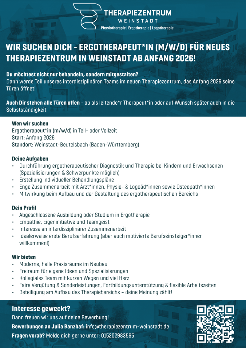 Wir suchen dich – Ergotherapeut*in (m/w/d) für neues Therapiezentrum in Weinstadt ab Anfang 2026!