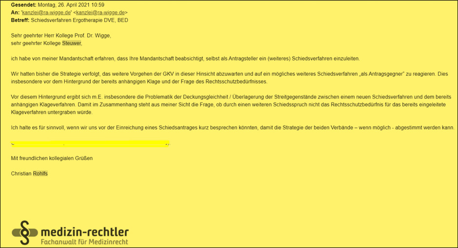 Screenshot der Mail unserer Kanzlei Rohlfs, an den Rechtsbeistand des DVE am 26.04.21